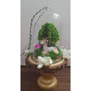 Unicorn Ornament Handmade Dome Cloche Diorama Fairy Garden Mushroom Tree Flowers